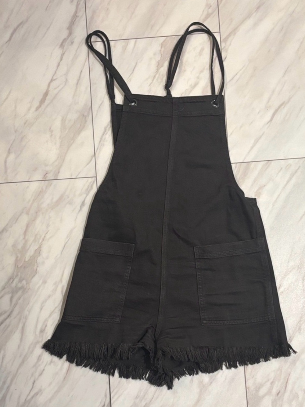 aerie Black Denim Overall Shorts with Fringe Hem